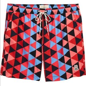 Psycho Bunny Red Blue Black Geometric Swim Trunks
